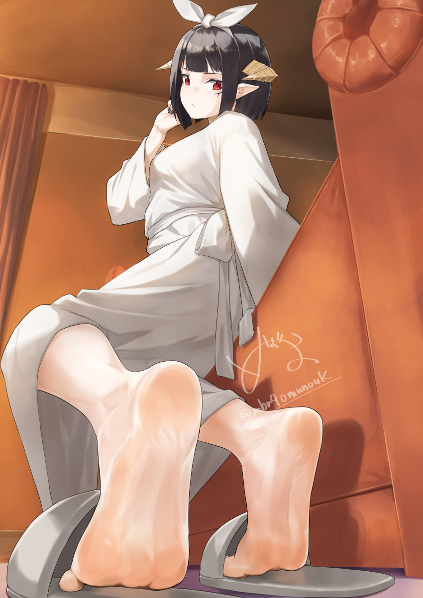 1girl, absurdres, barefoot, black_hair, feet, grey_slippers, highres, hime-sama_"goumon"_no_jikan_desu, horns, looking_at_viewer, maburoku, medium_hair, pointy_ears, red_eyes, robe, sandals, slippers, soles, toes, torture_tortura, unworn_footwear