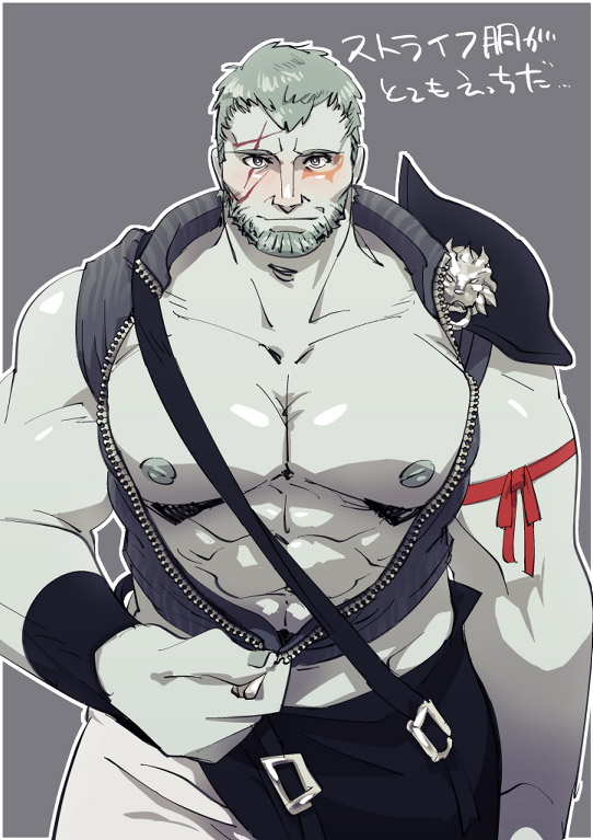 1boy, abs, armor, bara, bare_pectorals, beard, belt, blush, colored_skin, come_hither, cowboy_shot, facial_hair, final_fantasy, final_fantasy_xiv, full_beard, grey_skin, ka_tsuobushi, large_pectorals, looking_at_viewer, male_focus, mature_male, muscular, muscular_male, navel, nipples, pauldrons, pectorals, roegadyn, scar, scar_across_eye, scar_on_face, shoulder_armor, single_pauldron, solo, standing, stomach, strongman_waist, thick_beard, translation_request, unzipping, warrior_of_light_(ff14)