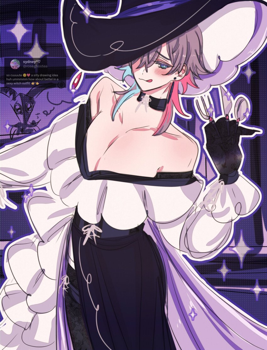 1boy, absurdres, alternate_costume, androgynous, bare_shoulders, bettelion_(gavis_bettel), black_choker, black_gloves, black_thighhighs, blue_eyes, blue_hair, blush, choker, collarbone, commentary, creature, crossdressing, crossdressing_(mtf), crow_(oraclejester), cutlery, earrings, english_commentary, eyeshadow, gavis_bettel, gloves, grey_hair, hair_between_eyes, hat, hat_over_one_eye, highres, holostars, holostars_english, jewelry, licking_lips, long_skirt, makeup, male_focus, medium_hair, multicolored_hair, outline, pectoral_cleavage, pectorals, pink_hair, skirt, solo, sparkle, standing, stud_earrings, thighhighs, tongue, tongue_out, tweet, virtual_youtuber, white_outline, witch, witch_hat