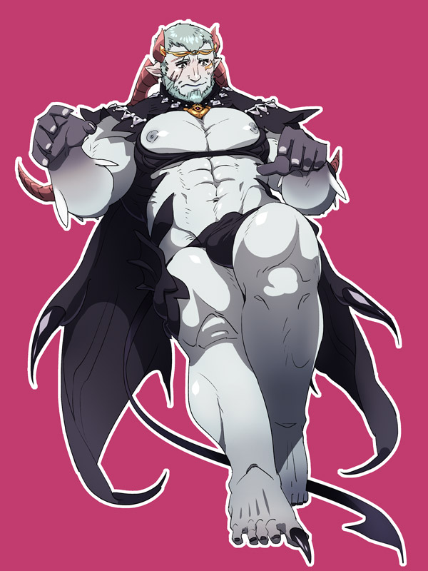 1boy, abs, bara, bare_pectorals, beard, bikini_briefs, blush, brown_horns