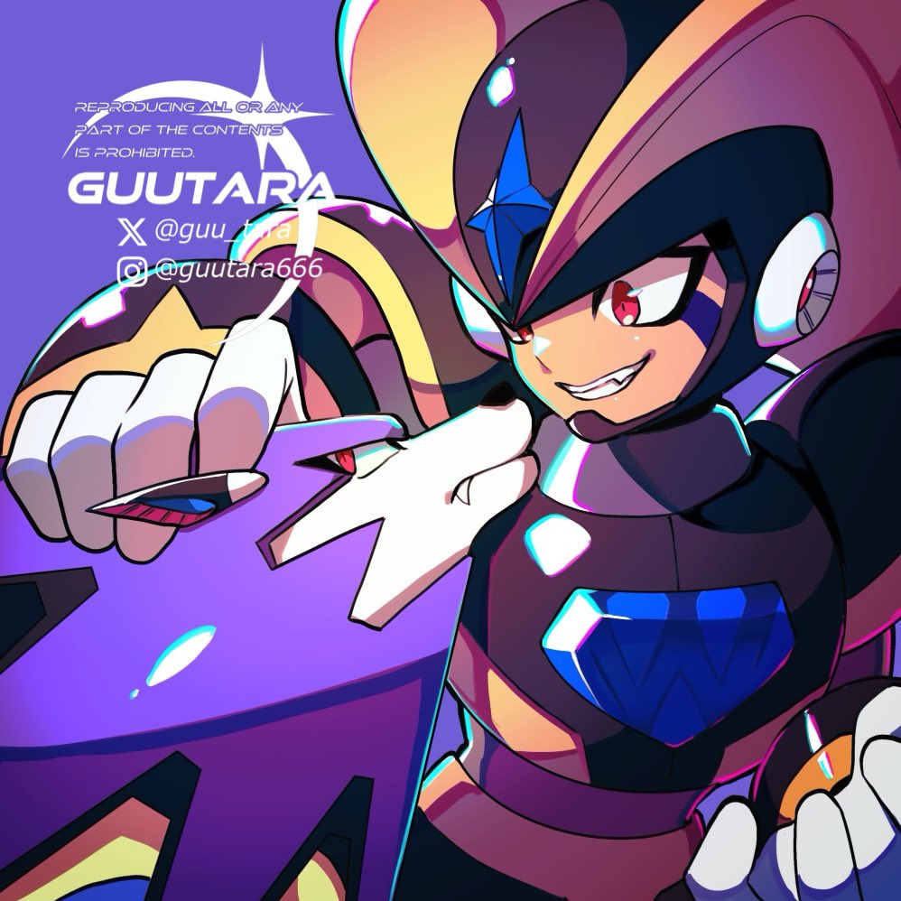 1boy, android, armor, artist_logo, artist_name, bass_(mega_man), bass_day, black_armor, black_helmet, chest_jewel, dog, facial_mark, fins, forehead_jewel, guutara, head_fins, helmet, instagram_logo, instagram_username, logo, mega_man_(classic), mega_man_(series), non-humanoid_robot, petting, purple_background, red_eyes, robot, robot_animal, robot_dog, shoulder_armor, smile, treble_(mega_man), twitter_logo, twitter_username, upper_body, watermark