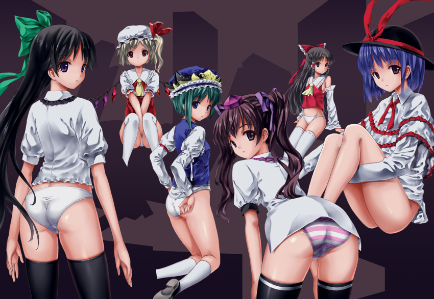 6+girls, adjusting_clothes, adjusting_panties, ass, bad_id, bad_pixiv_id, bent_over, between_legs