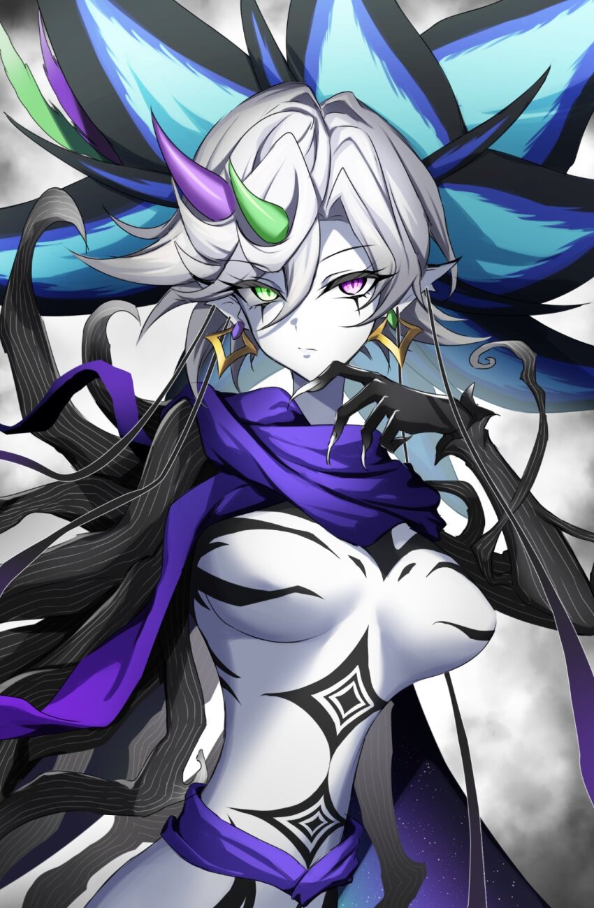 1girl, agibe, black_skin, body_markings, breasts, colored_skin, diabell_queen_of_the_white_forest, duel_monster, earrings, fingernails, glowing, glowing_eyes, green_eyes, green_horns, heterochromia, highres, horns, jewelry, large_breasts, long_fingernails, looking_at_viewer, multicolored_skin, pointy_ears, purple_eyes, purple_horns, purple_scarf, scarf, solo, two-tone_skin, upper_body, white_skin, yu-gi-oh!