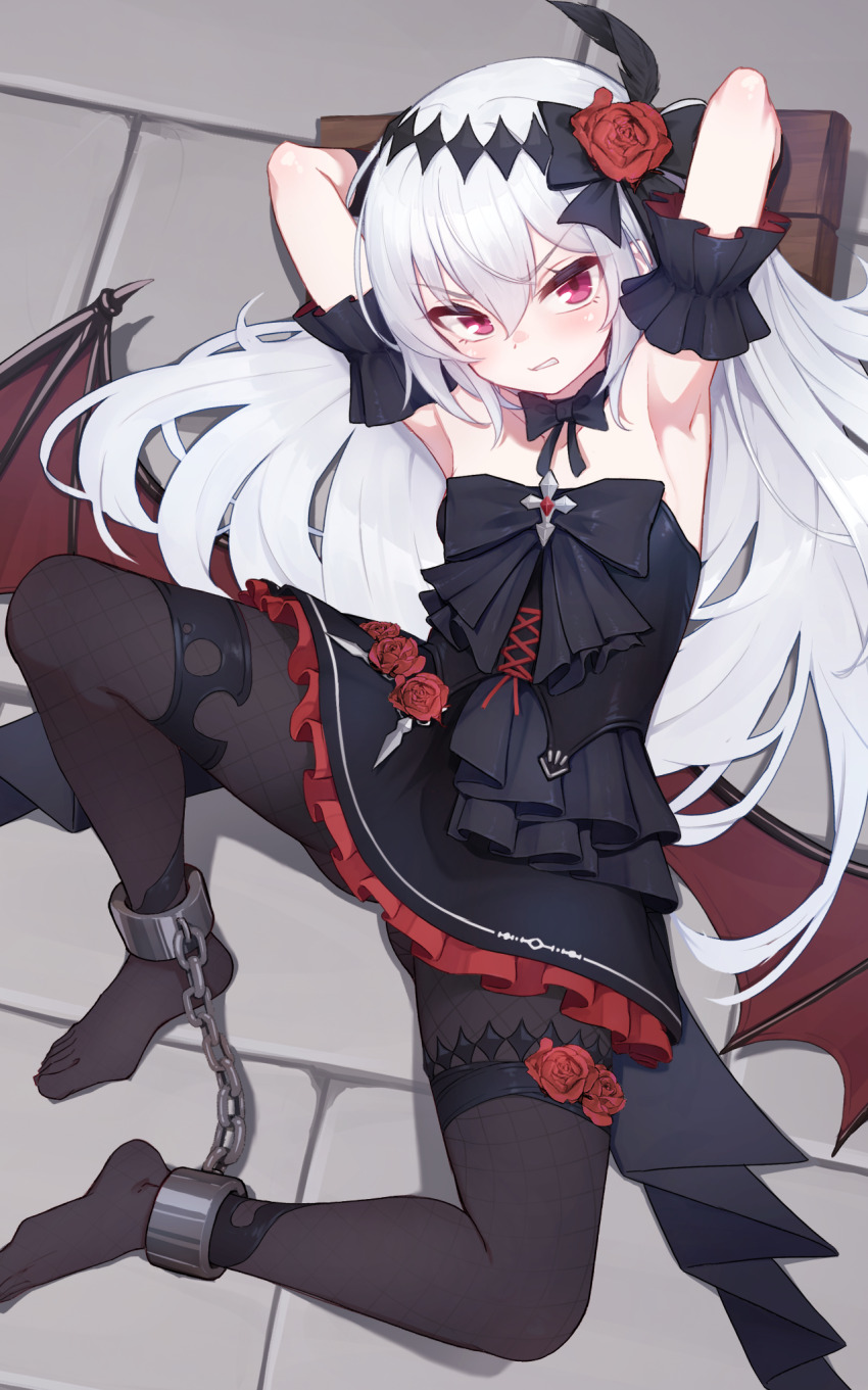 1girl, armpits, arms_behind_head, bare_shoulders, bat_wings, bdsm, black_bow, black_bowtie