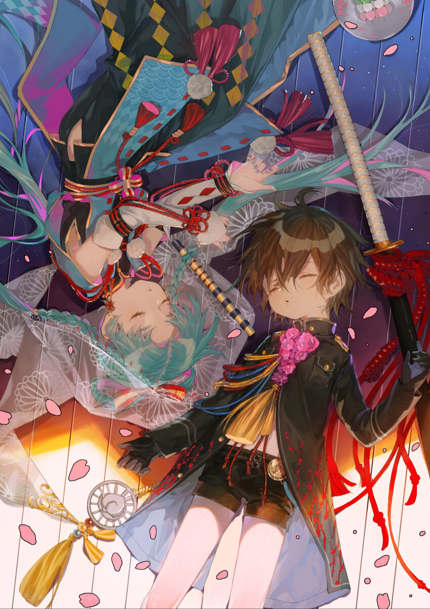 1boy, 1girl, absurdres, ahoge, argyle_clothes, argyle_sleeves, bare_shoulders, black_background