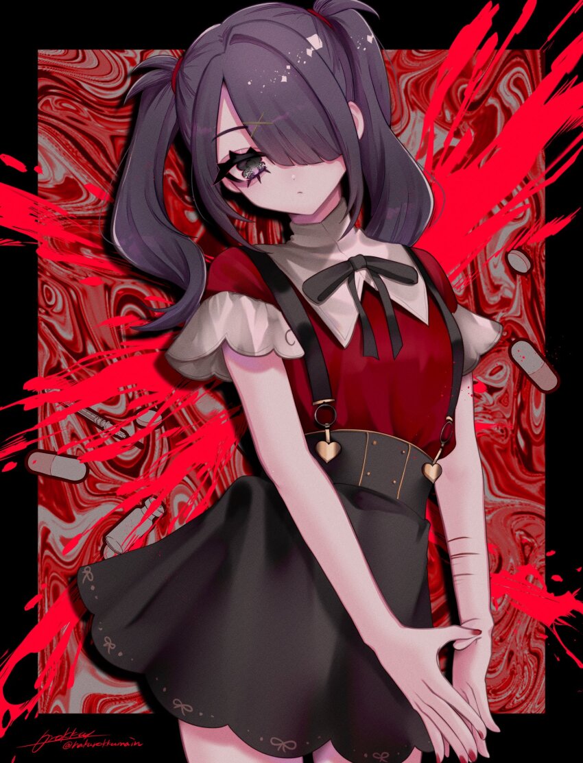 1girl, ame-chan_(needy_girl_overdose), black_border, black_eyes, black_hair, black_ribbon, black_skirt, blood, blood_splatter, border, closed_mouth, collared_shirt, cowboy_shot, cuts, distortion, hair_ornament, hair_over_one_eye, hakurokku, highres, injury, long_hair, looking_at_viewer, mojibake_commentary, nail_polish, neck_ribbon, needy_girl_overdose, outside_border, own_hands_together, pill, red_nails, red_shirt, ribbon, scar, self-harm, self-harm_scar, shirt, short_sleeves, skirt, solo, standing, suspender_skirt, suspenders, twintails, wrist_cutting, x_hair_ornament