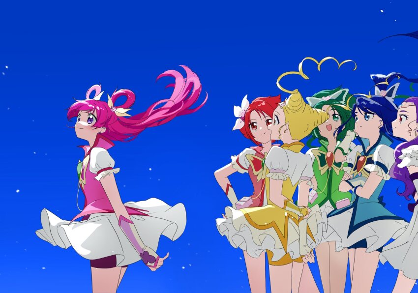 6+girls, akimoto_komachi, arm_warmers, bike_shorts, bike_shorts_under_skirt, blonde_hair, blue_eyes, blue_hair, blue_sky, blue_wrist_cuffs, blush, bow, brooch, butterfly_brooch, butterfly_earrings, butterfly_hair_ornament, cone_hair_bun, cure_aqua, cure_dream, cure_lemonade, cure_mint, cure_rouge, earrings, eyelashes, flower, gloves, green_hair, hair_bun, hair_ornament, hair_rings, happy, high_ponytail, highres, jewelry, kamogawa140, kasugano_urara_(precure), long_hair, magical_girl, milk_(precure), milky_rose, mimino_kurumi, minazuki_karen, multiple_girls, natsuki_rin, open_mouth, outdoors, pink_arm_warmers, pink_hair, pink_shorts, pink_wrist_cuffs, ponytail, precure, purple_eyes, red_eyes, red_hair, ribbon, short_hair, shorts, shorts_under_skirt, skirt, sky, smile, twintails, wrist_cuffs, yellow_eyes, yes!_precure_5, yes!_precure_5_gogo!, yumehara_nozomi