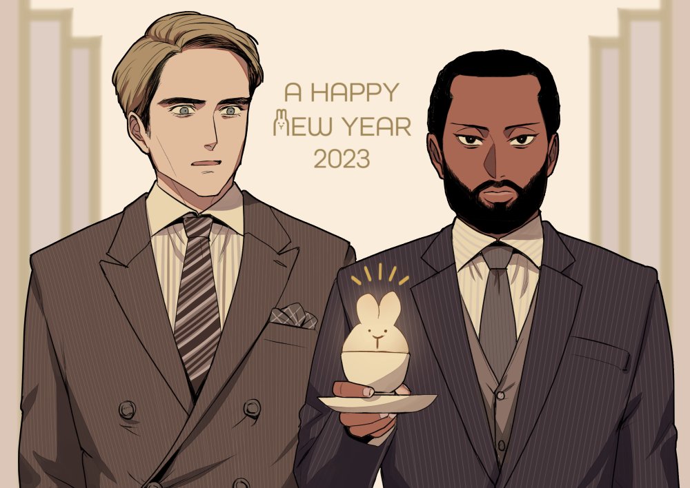2023, 2boys, animal_ears, beard, black_hair, black_suit, blonde_hair, blue_eyes, breast_pocket, brown_suit, buttons, chinese_zodiac, collared_shirt, curtained_hair, dark-skinned_male, dark_skin, diagonal-striped_clothes, diagonal-striped_necktie, emphasis_lines, facial_hair, fingernails, food_request, formal_clothes, grey_necktie, holding, holding_plate, light-skinned_palms, looking_at_another, looking_at_viewer, male_focus, mozu_suka, multiple_boys, necktie, neil_(tenet), parted_hair, plate, pocket, pocket_square, protagonist_(tenet), rabbit_ears, shirt, short_hair, striped_clothes, suit, tenet_(movie), thick_lips, upper_body, year_of_the_rabbit