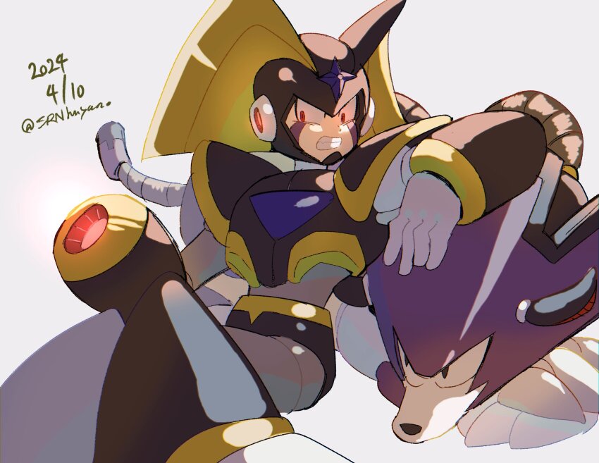 1boy, android, arm_cannon, armor, bass_(mega_man), bass_day, black_armor, black_helmet