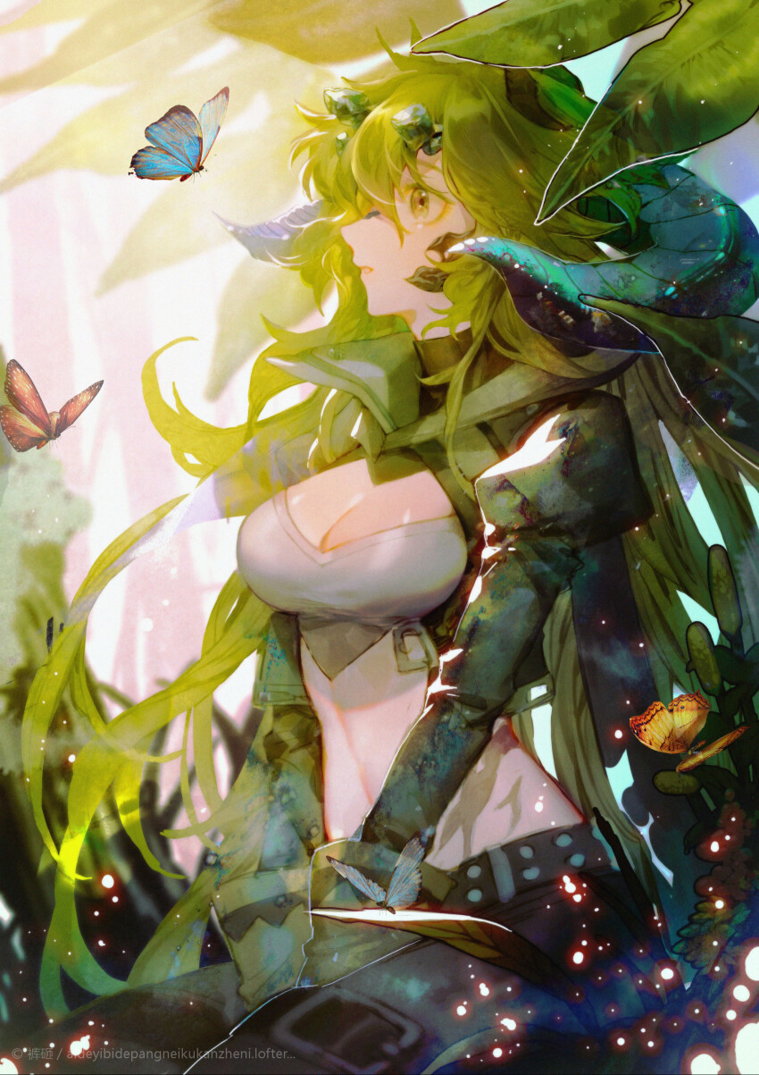 1girl, absurdres, arknights, belt, black_belt, black_pants, black_shrug, black_sleeves