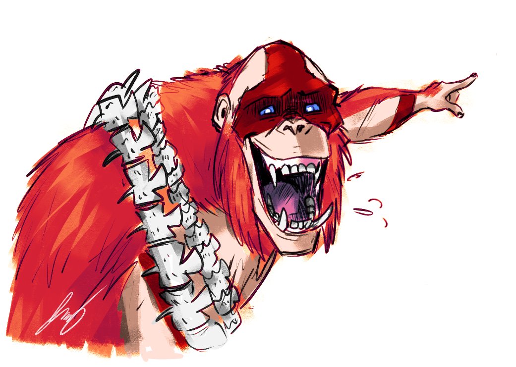 ape, artist_name, bald, blood, bone, bone_weapon, bone_whip, crossover, english_text, facepaint, fangs, giant, giant_monster, glowing, glowing_eyes, godzilla_(series), godzilla_x_kong:_the_new_empire, kaiju, king_kong_(series), laughing, legendary_pictures, looking_at_viewer, meme, monster, monsterverse, no_humans, open_mouth, orangutan, pointing, pyrasterran, ribs, sharp_teeth, signature, simple_background, skar_king, spine, teeth, war_paint, weapon, whip, whip_sword, whipslash, white_background