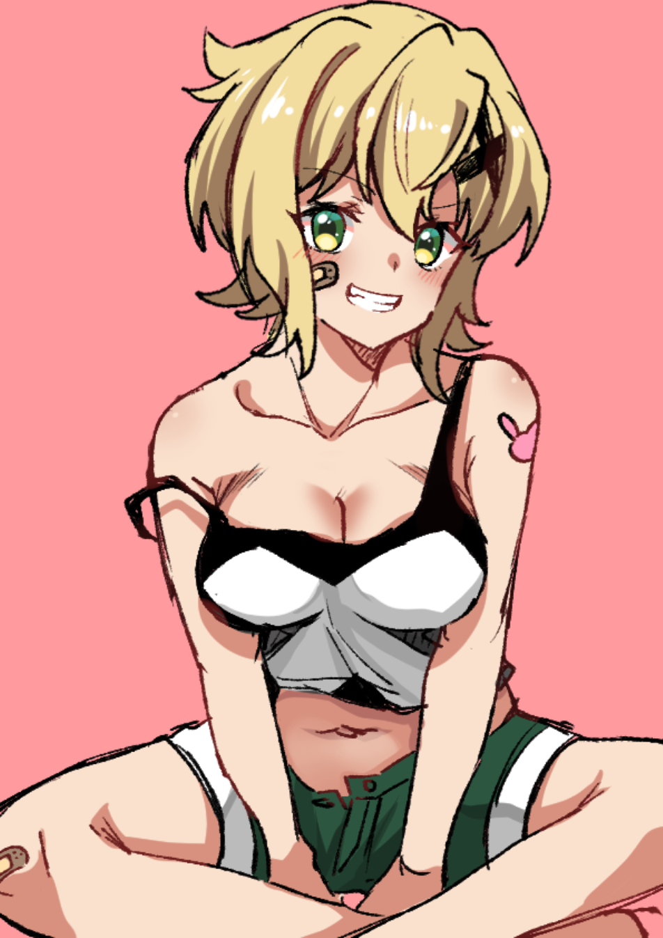 1girl, akatsuki_kirika, bandaid, bandaid_on_face, blonde_hair, blush, breasts, collarbone