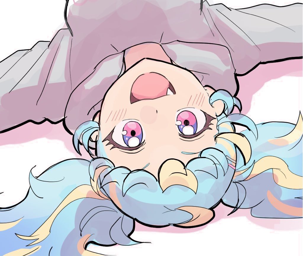 1girl, :3, :d, ahoge, blonde_hair, blue_hair, commentary_request, fang