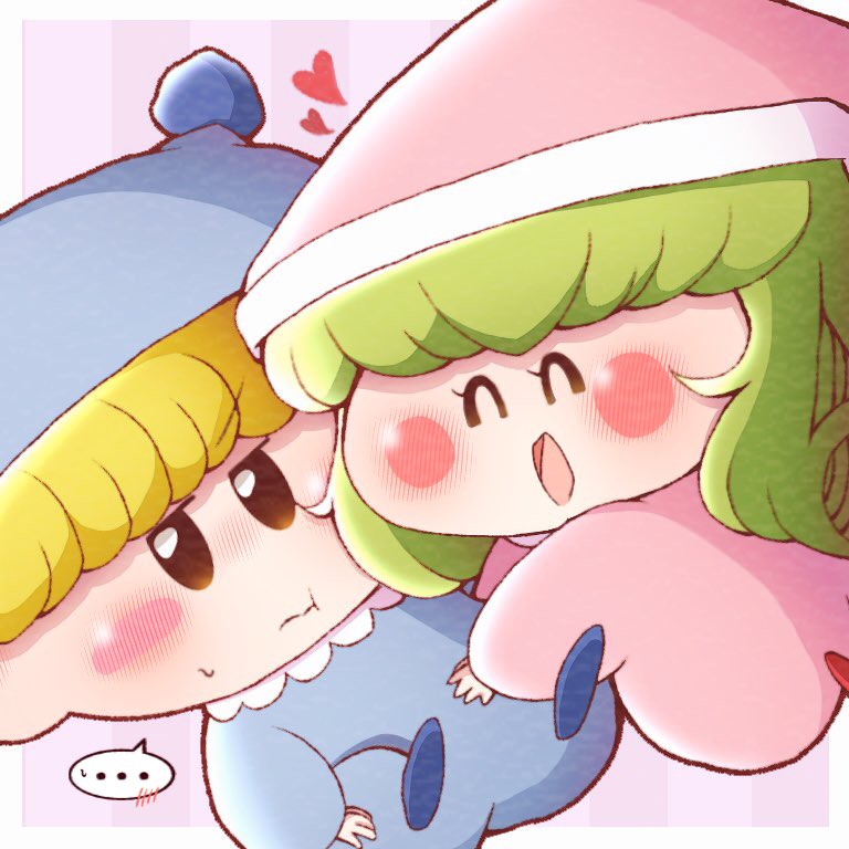 ..., 1boy, 1girl, ^_^, blonde_hair, blue_bodysuit, blue_footwear, blue_hat, blunt_bangs, blush, blush_stickers, bodysuit, chibi, closed_eyes, commentary_request, green_hair, hat, heart, hug, looking_to_the_side, mirumo, mirumo_de_pon!, pi_no_0320, pink_bodysuit, pink_hat, riruma, smile
