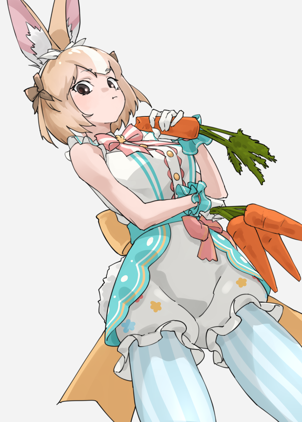 1girl, animal_ears, back_bow, bare_shoulders, black_eyes, blue_pantyhose, blue_shirt, blue_wrist_cuffs