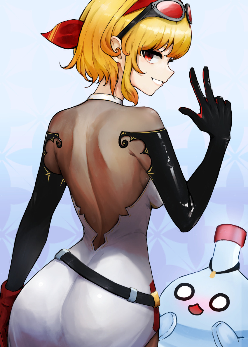 1girl, absurdres, ass, back, belt, black_gloves, blonde_hair, dress