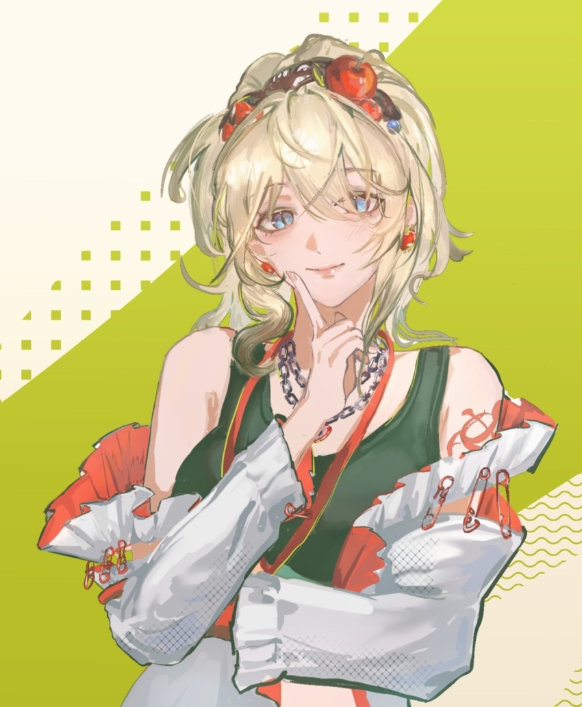 1girl, apple_hair_ornament, bare_shoulders, bianca_(path_to_nowhere), black_hairband, black_tank_top, blonde_hair, blue_eyes