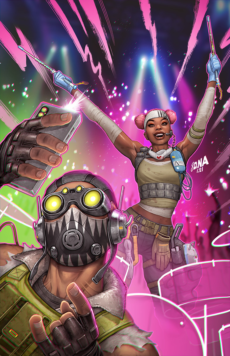 1boy, 1girl, \n/, apex_legends, apex_legends:_overtime, aviator_cap, black_gloves, black_hat, black_pants, black_shirt, blue_gloves, brown_eyes, brown_tank_top, cellphone, chromatic_aberration, comic_cover, commentary, concert, textless_cover_page, dark-skinned_female, dark_skin, david_nakayama, detached_sleeves, double_bun, drumsticks, english_commentary, fingerless_gloves, gloves, green_vest, hair_bun, hat, headband, highres, holding, holding_drumsticks, holding_phone, hologram, lifeline_(apex_legends), midriff_peek, octane_(apex_legends), official_art, open_mouth, pants, phone, red_hair, shirt, shock_sticks_(apex_legends), smartphone, smile, stain, tank_top, vest, white_headband