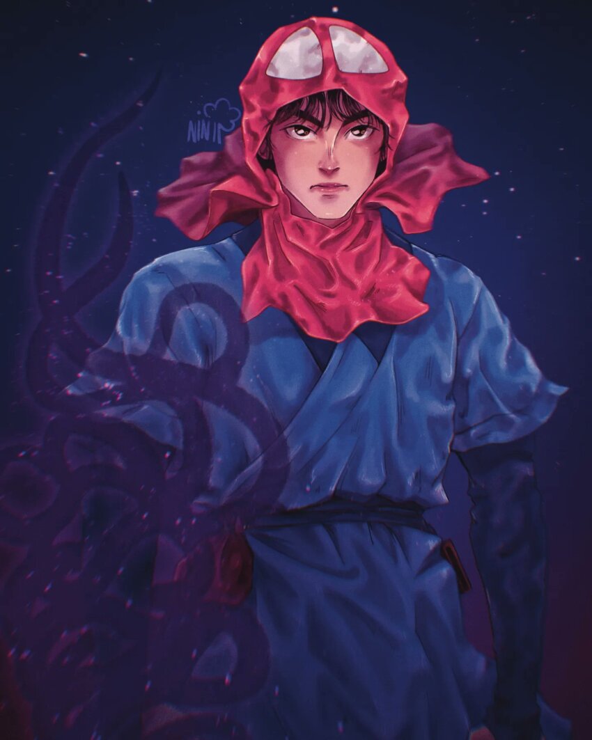 1boy, ashitaka, blue_background, blue_gloves, blue_kimono, blue_sash, closed_mouth, commentary, cowboy_shot, dark, english_commentary, gloves, hair_between_eyes, highres, hood, japanese_clothes, kimono, looking_ahead, looking_up, male_focus, mononoke_hime, ninarbreart, red_hood, sash, signature, solo, tentacles