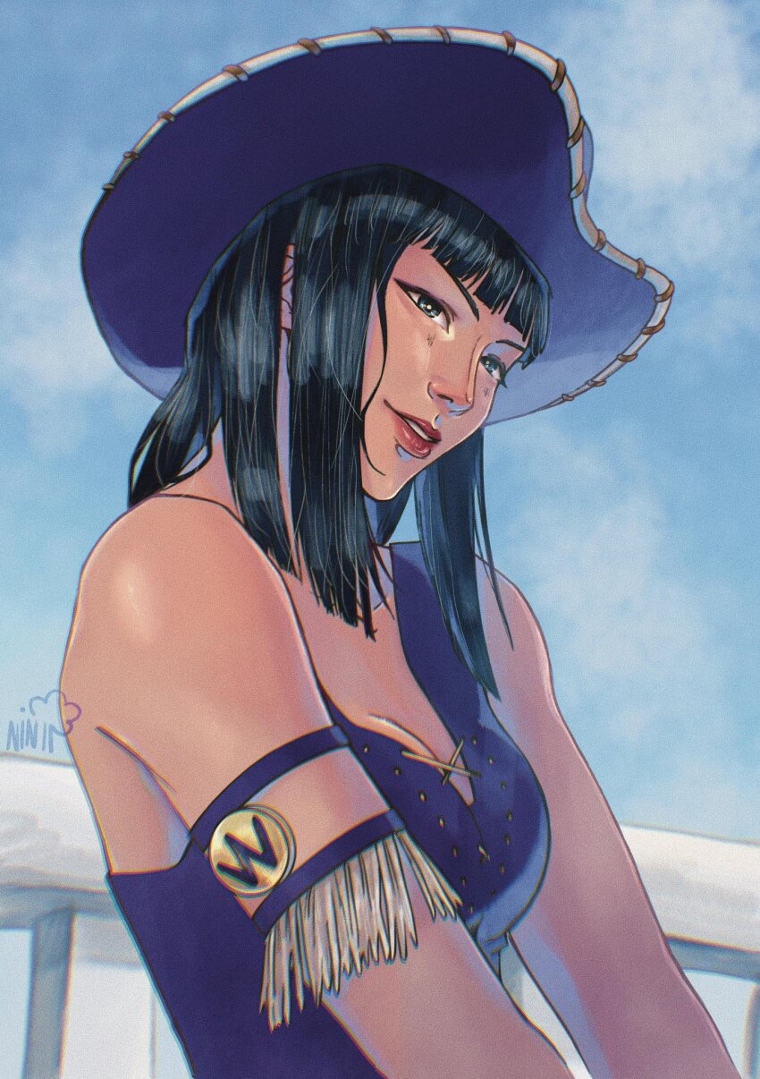 1girl, armlet, black_hair, blue_eyes, blue_sky, blunt_bangs, blunt_ends, commentary, cowboy_hat, cowboy_shot, crop_top, cross-laced_clothes, cross-laced_top, english_commentary, hat, highres, jewelry, light_smile, looking_ahead, medium_hair, nico_robin, nico_robin_(whisky_peak), ninarbreart, one_piece, purple_hat, purple_shirt, red_lips, shirt, signature, sky, sleeveless