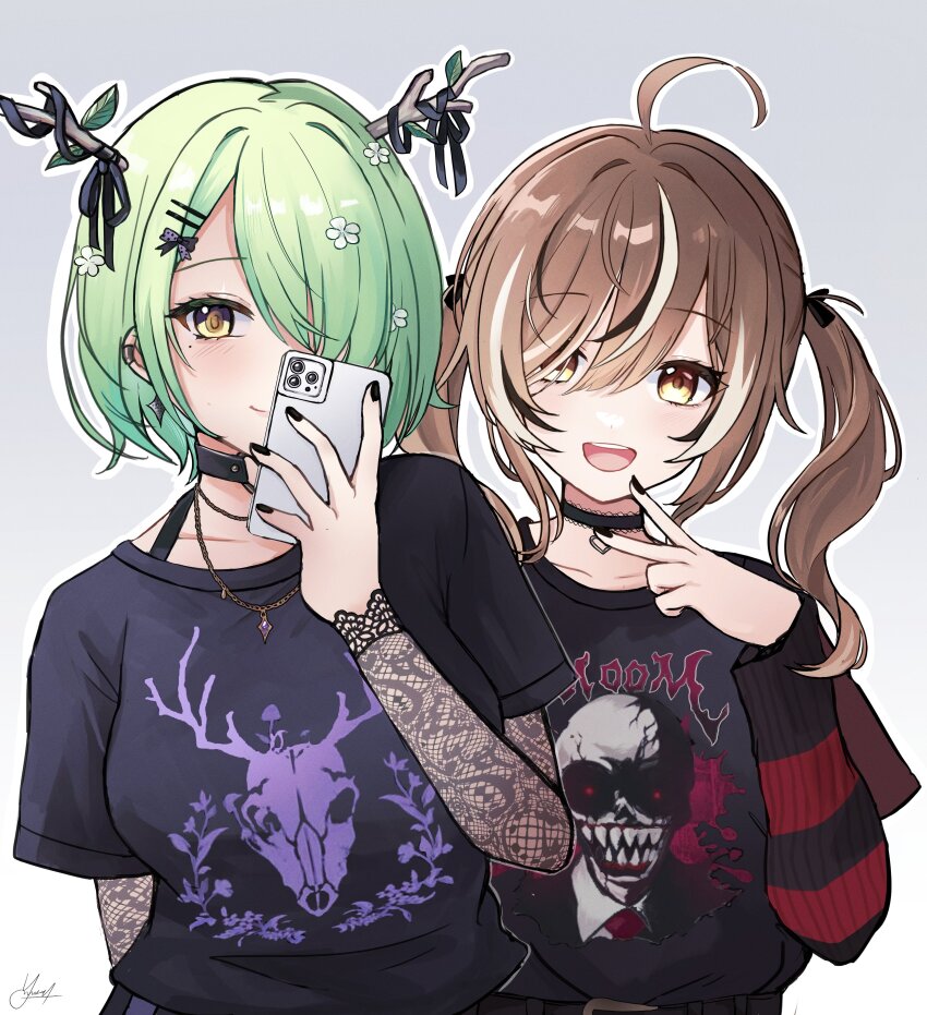 2girls, :d, absurdres, antler_ornament, antler_ribbon, antlers, belt, black_choker, black_nails, black_shirt, black_sweater, brown_eyes, brown_hair, cellphone, ceres_fauna, ceres_fauna_(goth), choker, commentary, earrings, emo_fashion, flower, goth_fashion, green_hair, grey_background, hair_flower, hair_ornament, hair_over_one_eye, heart, heart_choker, heart_o-ring, heart_ring_choker, highres, holding, holding_phone, hololive, hololive_english, horns, jewelry, kato_yuurina, lace, lace-trimmed_choker, lace_sleeves, lace_trim, multiple_girls, nanashi_mumei, nanashi_mumei_(emo), necklace, nightmare_(nanashi_mumei), o-ring, o-ring_choker, open_mouth, phone, red_sweater, shirt, shirt_tucked_in, smartphone, smile, striped_clothes, striped_sweater, sweater, sweater_under_shirt, untranslatable_commentary, t-shirt, teeth, tree_horns, two-tone_sweater, upper_teeth_only, v, virtual_youtuber, yellow_eyes