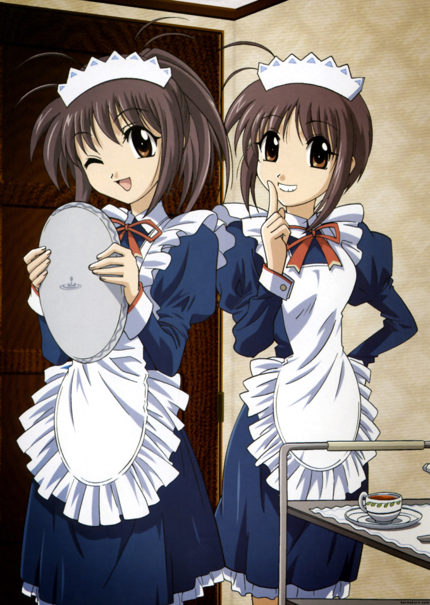 00s, 2girls, animaga, bonnet, brown_eyes, brown_hair, futakoi, highres