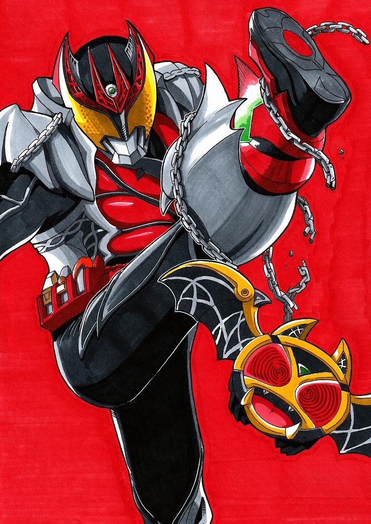 1boy, @_@, armor, belt, black_bodysuit, bodysuit, dokuroman, finishing_move, incoming_attack, kamen_rider, kamen_rider_kiva, kamen_rider_kiva_(series), kivat-bat_iii, looking_at_viewer, male_focus, red_background, standing, standing_on_one_leg, tokusatsu, vampire, yellow_eyes