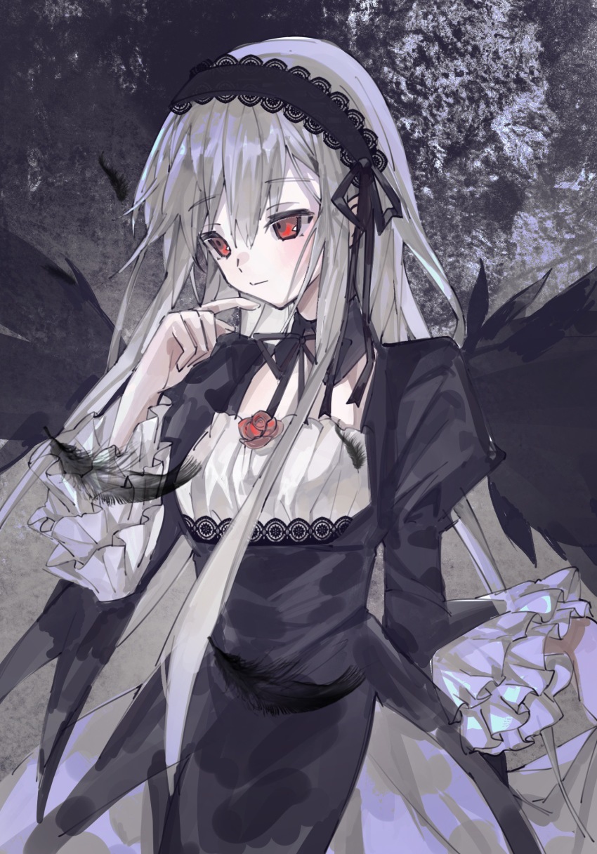 1girl, black_background, black_dress, black_hairband, black_wings, chinese_commentary, commentary_request, cowboy_shot