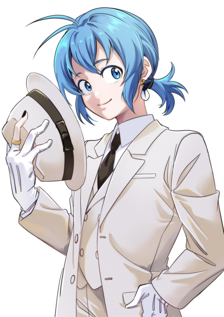 1boy, antenna_hair, black_nails, black_necktie, blue_eyes, blue_hair, earrings, formal_clothes