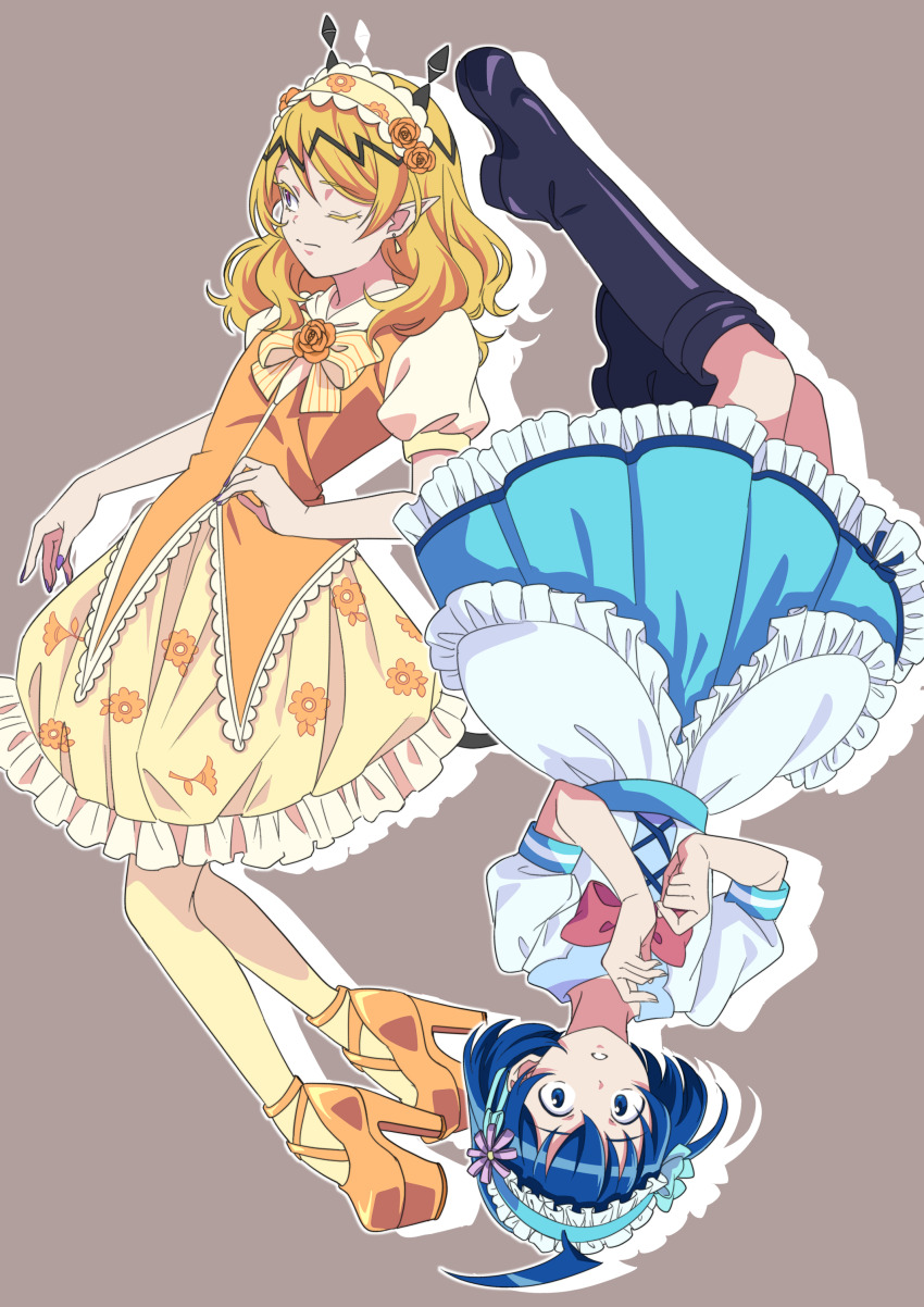 2boys, absurdres, ahoge, black_footwear, blonde_hair, blue_dress, blue_hair, boots