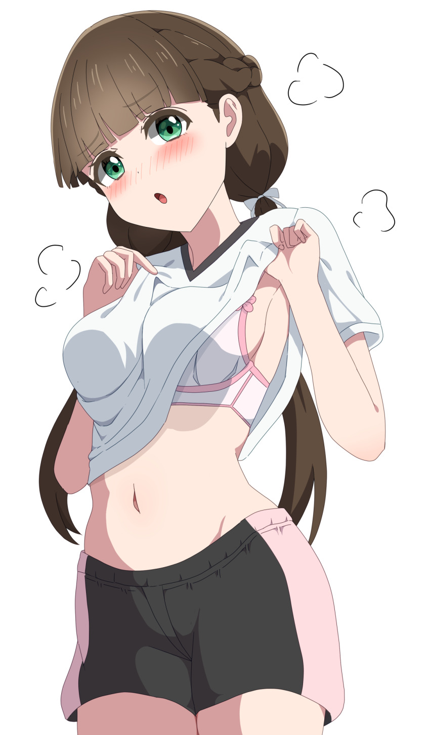 1girl, absurdres, blush, bra, breasts, brown_hair, commentary, green_eyes