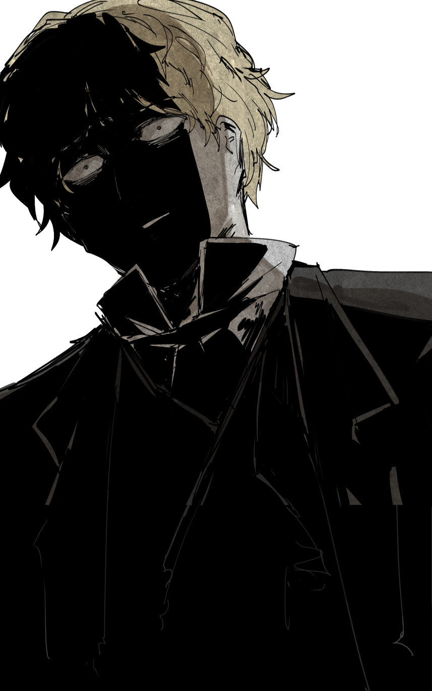 1boy, black_jacket, black_vest, blonde_hair, collared_shirt, highres, jacket, kankan33333, limbus_company, linton_(project_moon), open_clothes, open_jacket, popped_collar, project_moon, shaded_face, shirt, short_hair, solo, vest, white_shirt