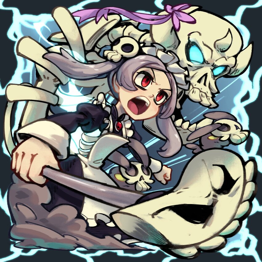 1girl, absurdres, apron, black_background, bloody_marie_(skullgirls), brooch, dust_bunny_(skullgirls), energy, grey_hair, hair_ornament, highres, jewelry, maid_apron, maid_headdress, onozawa_(buresu21), open_mouth, red_eyes, ribs, skeleton, skull, skull_hair_ornament, skullgirls, solo, twintails, vacuum_cleaner