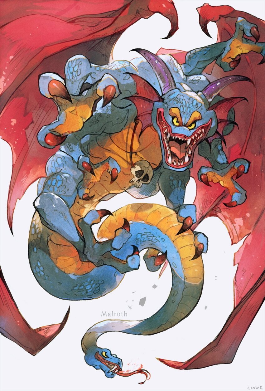 1980s_(style), artist_name, bat_wings, blue_scales, character_name, claws, commentary_request, demon_horns