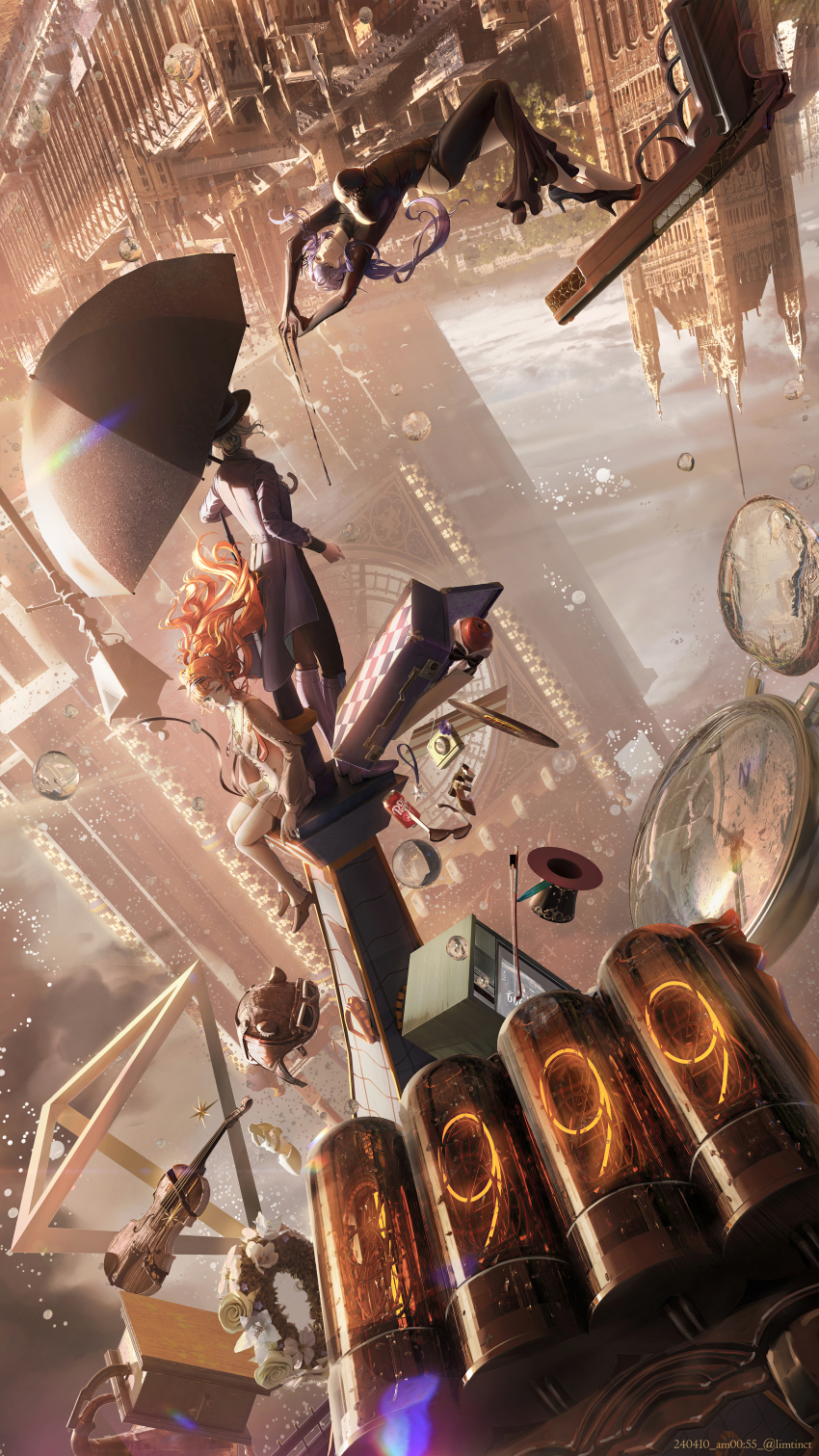 1999, 3girls, absurdres, apple, apple_(reverse:1999), arcana_(reverse:1999), arms_up, aviator_cap