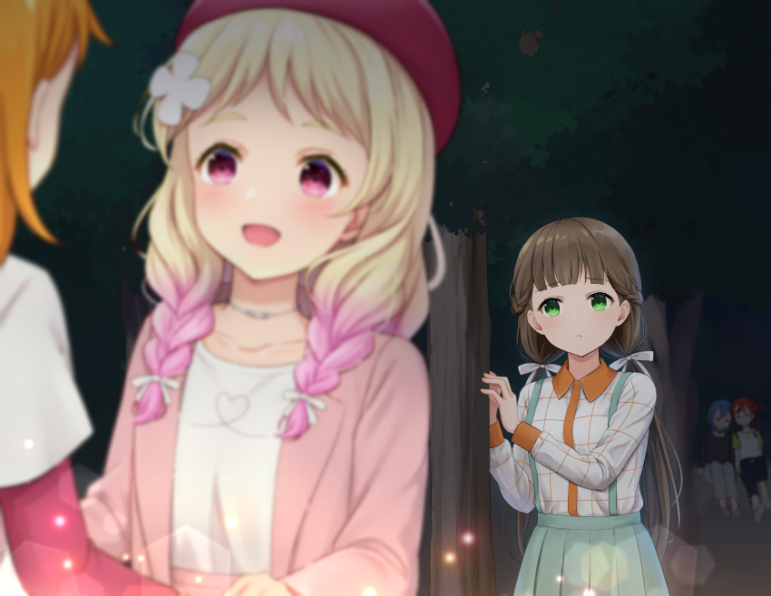 5girls, :d, absurdres, black_pants, black_shirt, blazer, blonde_hair, blue_hair