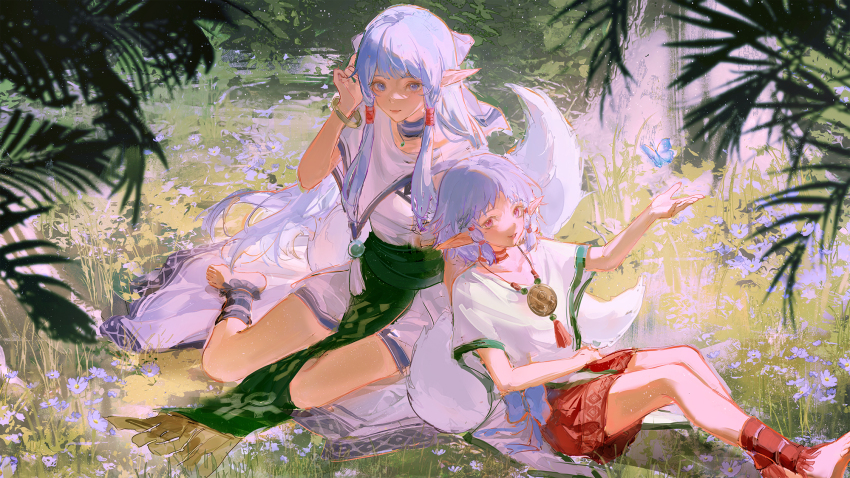 2girls, animal_ears, anklet, barefoot, blue_butterfly, bracelet, bug, butterfly