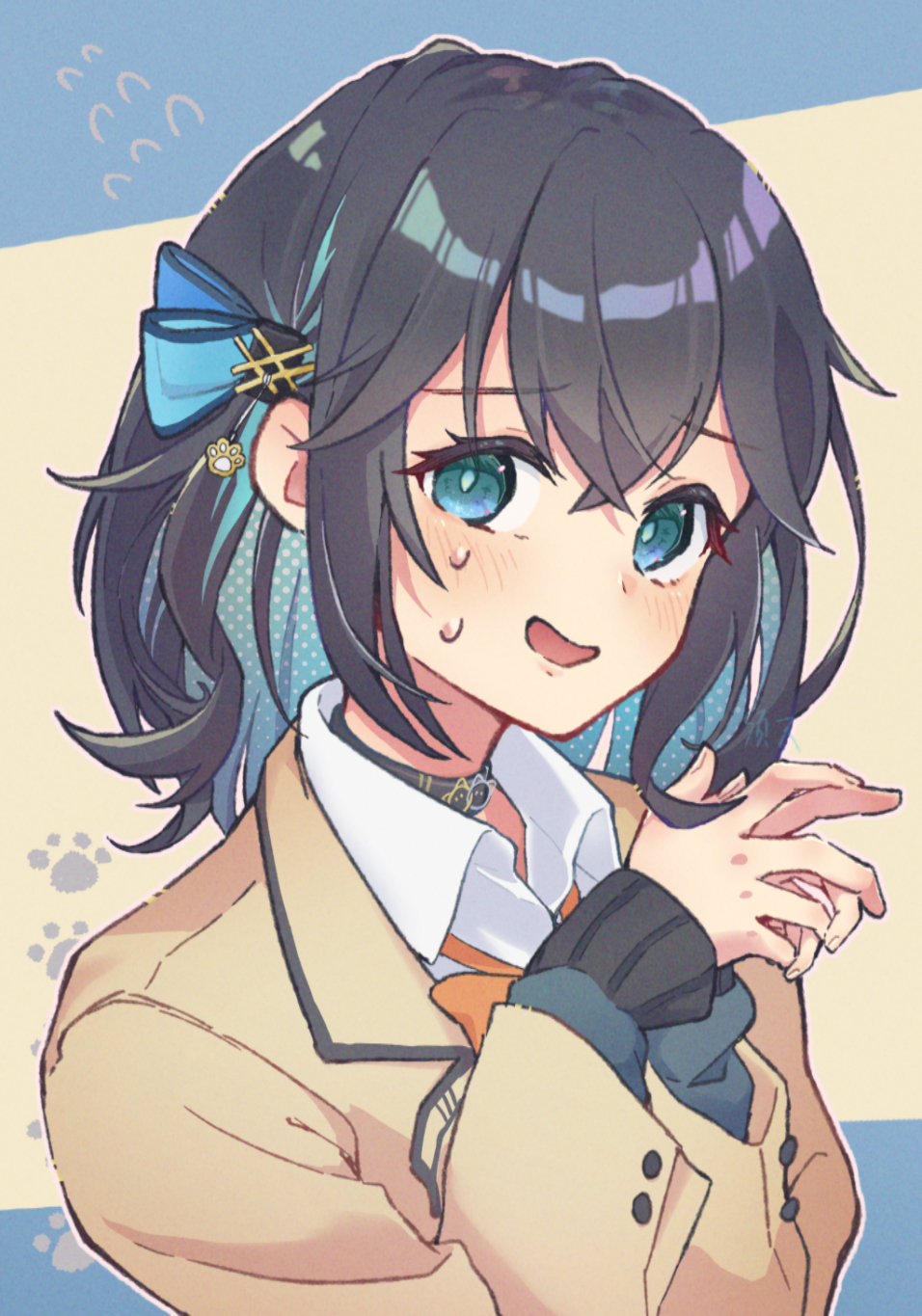 1girl, aqua_bow, aqua_eyes, aqua_hair, blazer, blush, bow, bowtie