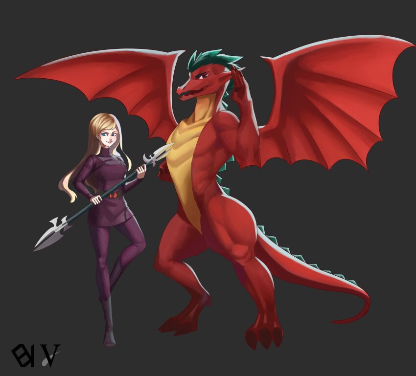 1boy, 1girl, american_dragon_jake_long, blonde_hair, blue_eyes, colored_skin, couple, disney, dragon, dragon_boy, dragon_tail, dragon_wings, flower, green_hair, hetero, highres, jake_long, red_skin, rose, rose_(huntsgirl), tagme, tail, viaggioficial_(artist), wings, yellow_skin