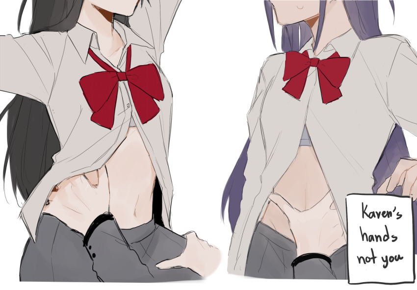 3girls, aijo_karen, black_hair, bow, bowtie, collared_shirt, commentary, english_commentary, english_text, female_pov, grey_jacket, grey_skirt, hand_on_another's_stomach, hand_on_another's_thigh, hand_on_another's_waist, haruka_3442, highres, jacket, kagura_hikari, long_hair, long_sleeves, midriff, multiple_girls, navel, open_clothes, open_shirt, pov, purple_hair, red_bow, red_bowtie, seishou_music_academy_uniform, shirt, shoujo_kageki_revue_starlight, simple_background, skirt, sweatdrop, tsuyuzaki_mahiru, white_background, white_shirt, yuri