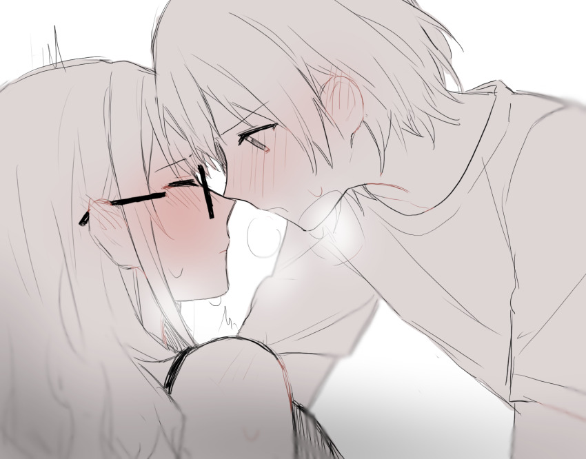 2girls, aijo_karen, blush, bra, breath, closed_mouth, commentary, ear_blush