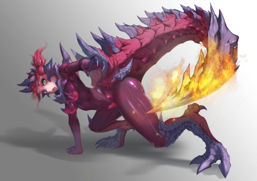 1girl, blue_scales, blue_skin, bodysuit, breasts, clawed_feet, clawed_hands, claws