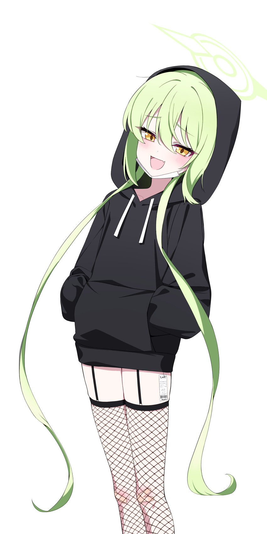 1girl, :d, absurdres, bandaid, bandaid_on_knee, bandaid_on_leg, black_hoodie, blue_archive