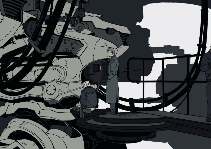 1boy, 2others, 621_(armored_core_vi), armored_core, armored_core_vi:_fires_of_rubicon, bandaged_head, bandages, black_footwear