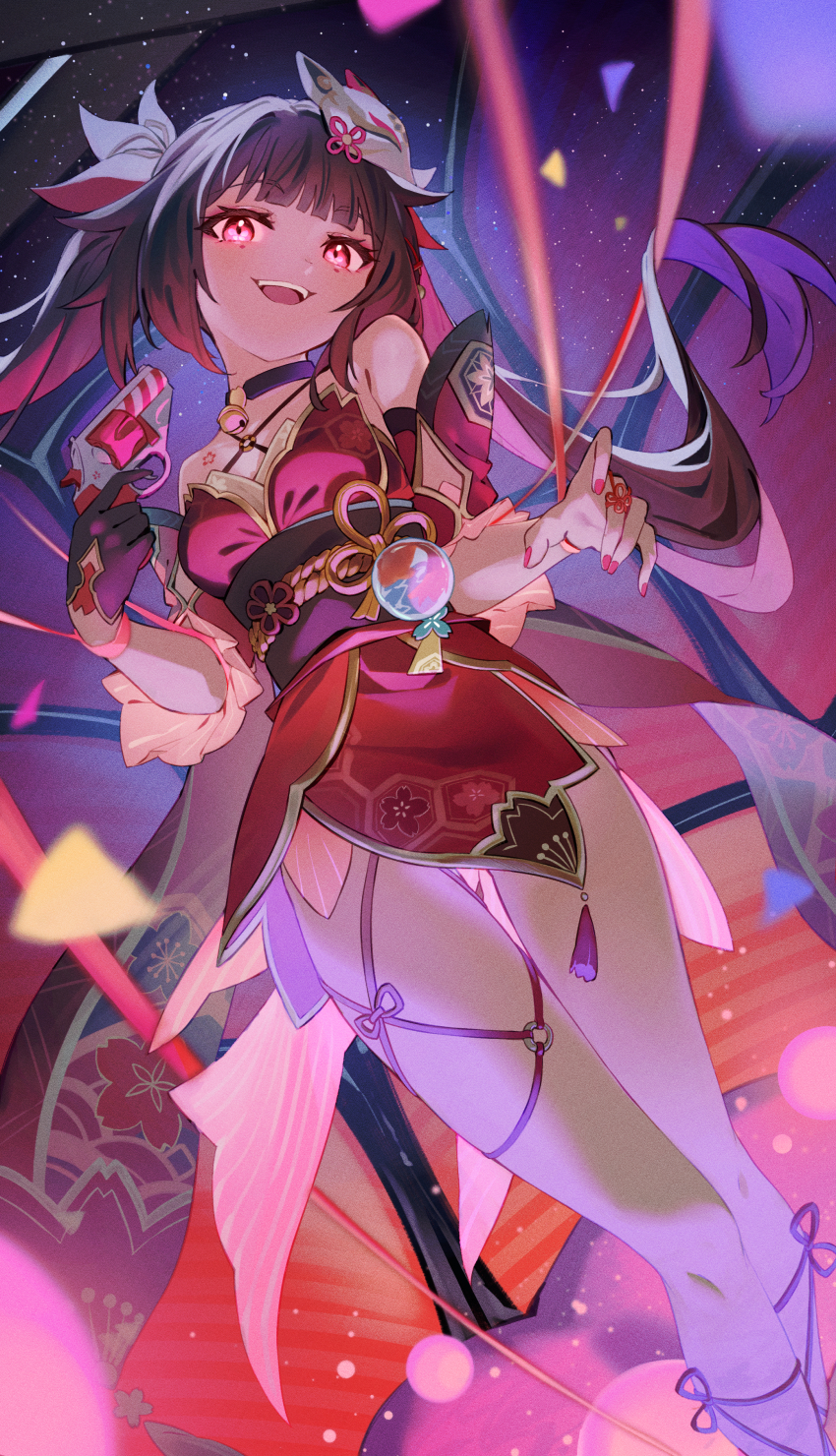 1girl, absurdres, bare_shoulders, bell, bibisuka, black_choker, black_gloves, black_hair