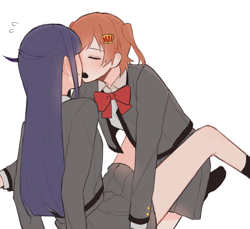 2girls, aijo_karen, between_legs, black_socks, blush, bow, bowtie, closed_eyes