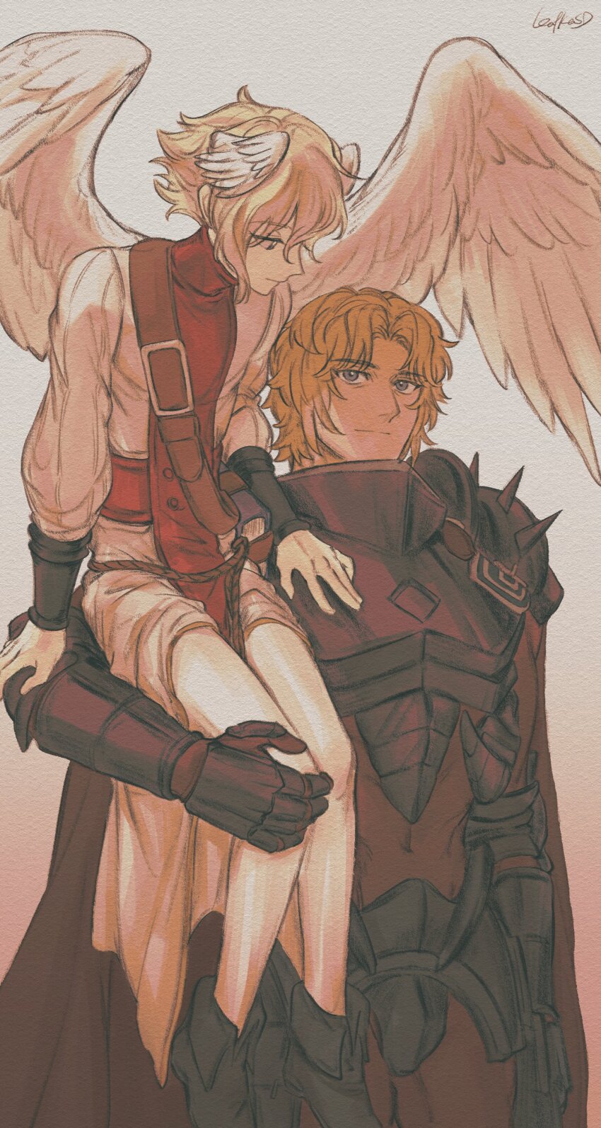 2boys, absurdres, angel, armor, black_eyes, black_footwear, blonde_hair, bracer, breastplate, closed_mouth, cowboy_shot, faulds, feathered_wings, full_body, gauntlets, hand_up, head_wings, highres, long_sleeves, male_focus, multiple_boys, nigel_(unicorn_overlord), pauldrons, robe, sanatio_(unicorn_overlord), sdkafka, shoes, short_hair, sitting_on_shoulder, smile, spiked_pauldrons, spikes, standing, unicorn_overlord, white_background, white_robe, wings