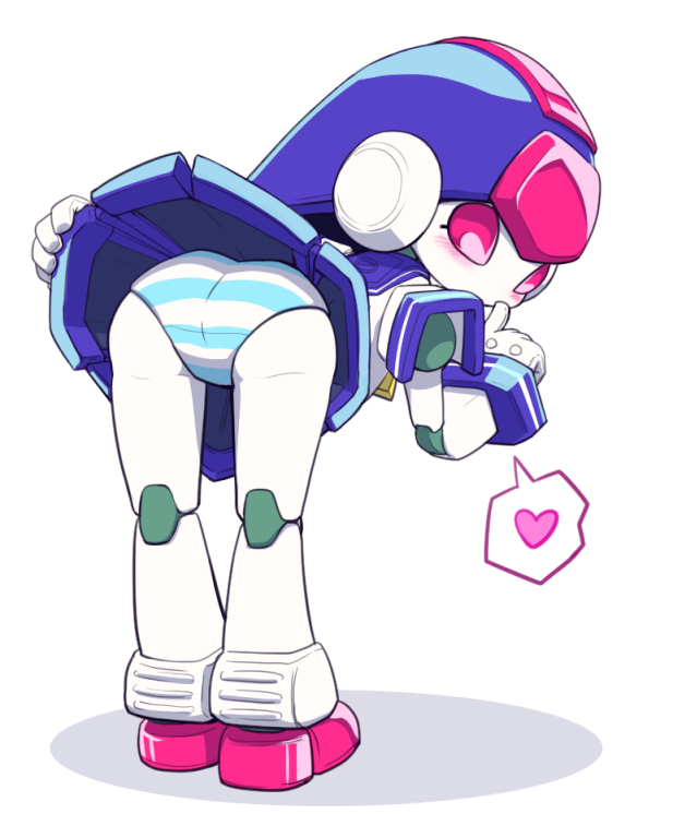 1girl, ass, clothes_lift, heart, helmet, humanoid_robot, medarot, no_humans, no_mouth, nollety, panties, pink_eyes, robot, robot_girl, sailormate, simple_background, skirt, skirt_lift, solo, striped_clothes, striped_panties, underwear, white_background