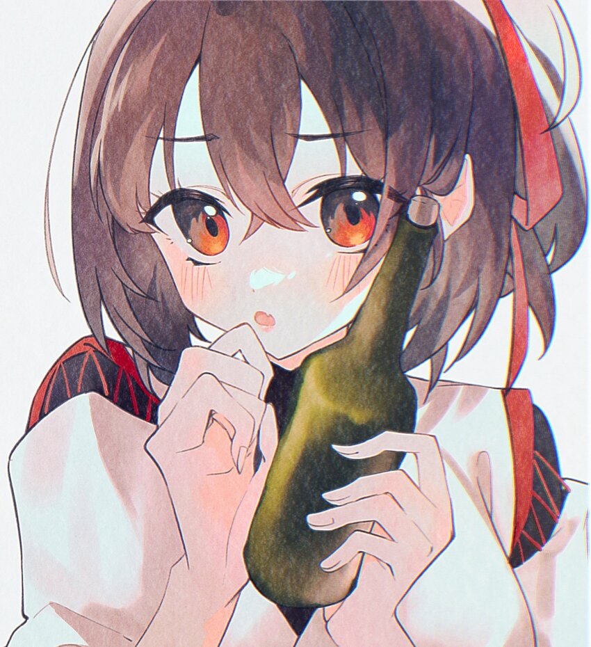 1girl, blush, bottle, brown_hair, fang, grey_background, hair_between_eyes, hair_ribbon