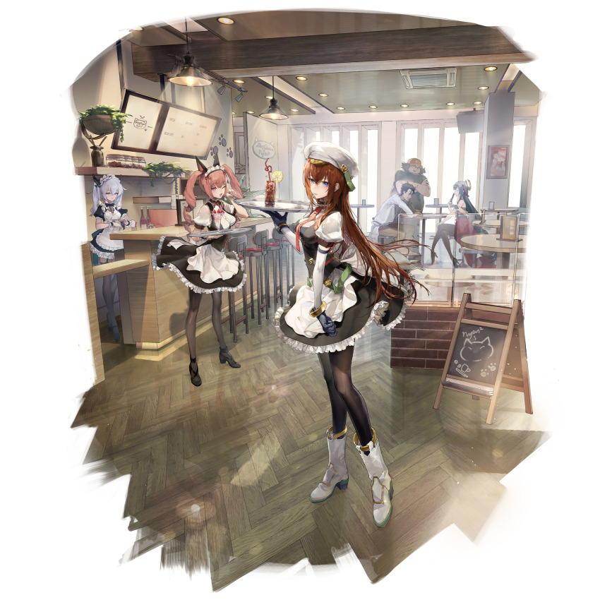 2boys, 4girls, akiha_rumiho, alternate_costume, animal_ears, apron, bar_stool, baseball_cap